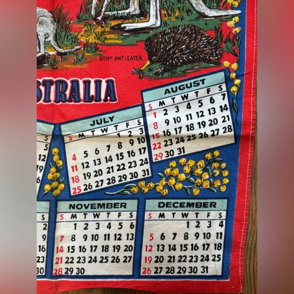 Vintage Red Calendar Tea Towel 1982 Australia Cotton 28”x17.5” Kangaroo Birds